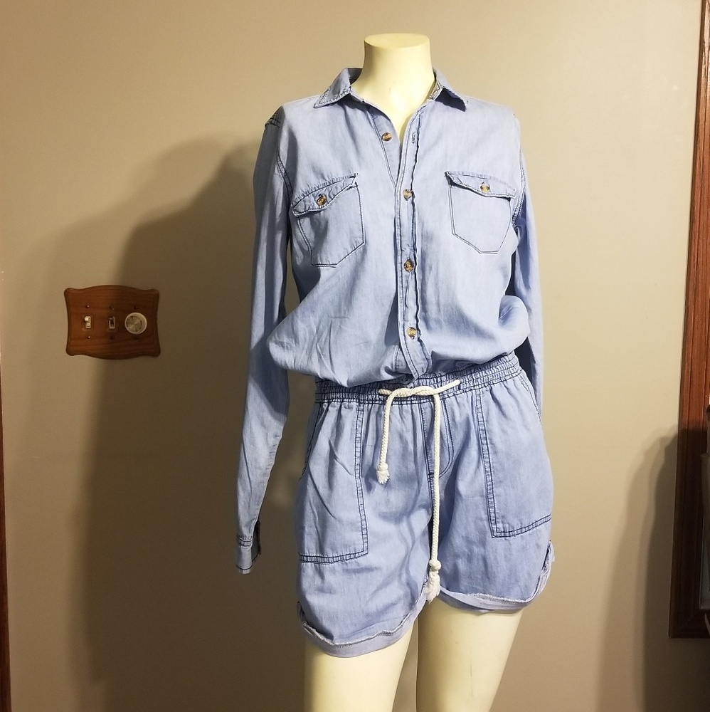 Denim long sleeved romper